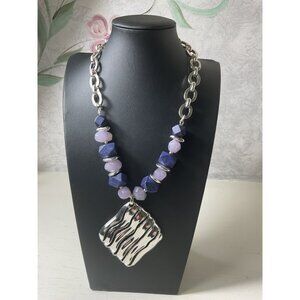 Silver & Purple Statement Necklace With Geometric Beads & Large Pendant